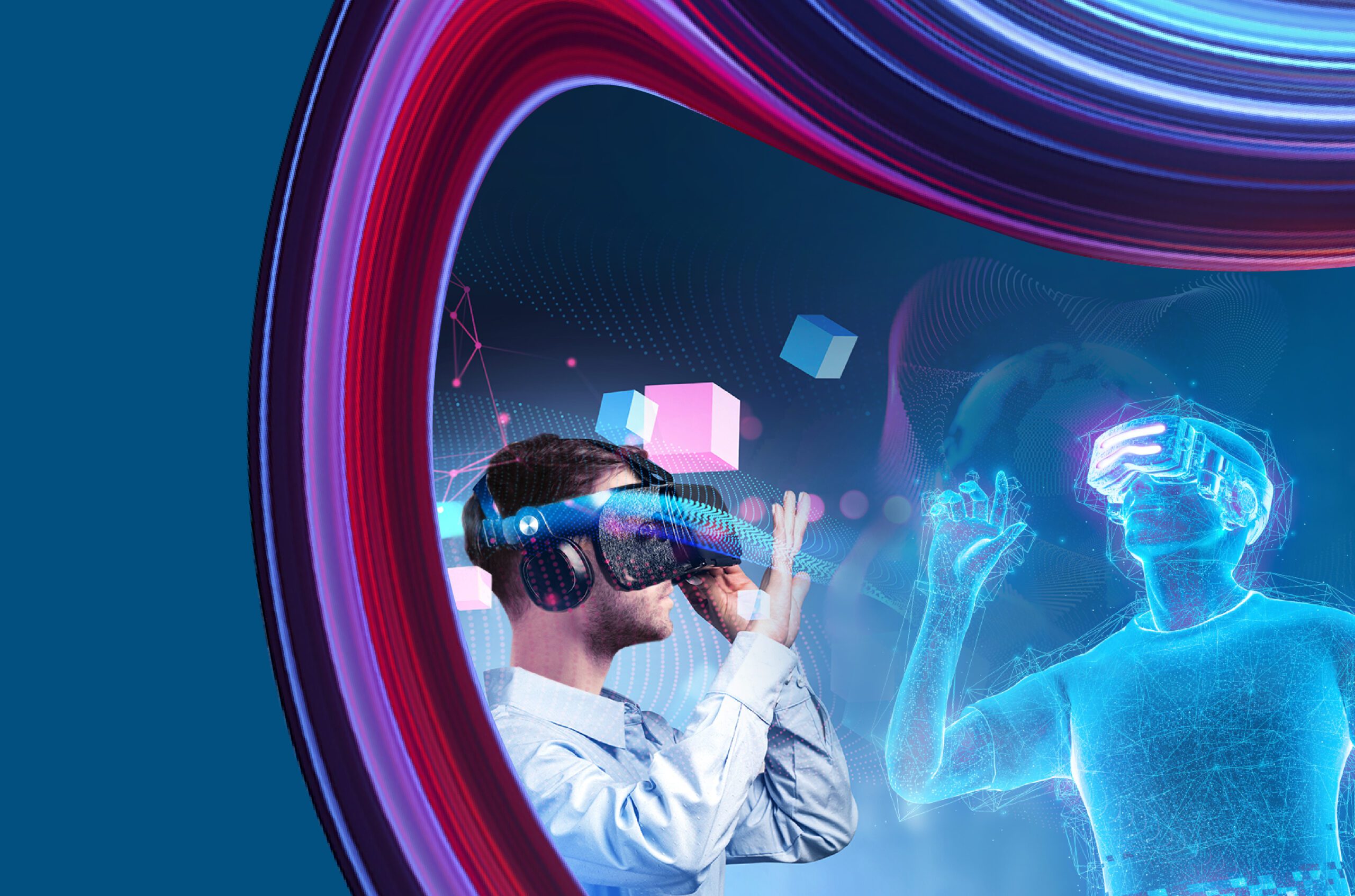 A man wearing a VR headset surrounded by a digitized version of himself and various other digital icons