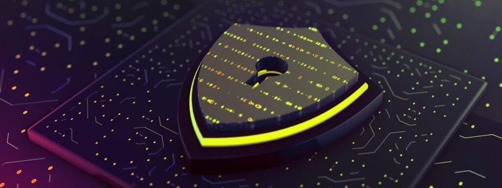 Advanced computer system with yellow and black padlock, symbolizing secure cyber security