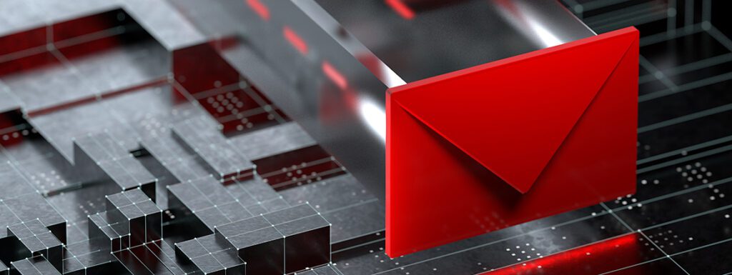 Featured image for article titled "The Current State of Cybersecurity Skills Gap in 2023" showing a red envelope passing through what looks like the inner workings of a computer.