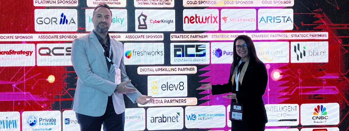 Featured image for article titled "Elev8 Attends Qatar’s Digital First Summit" showing Dania and Fadi of Elev8 at the Digital First Summit.