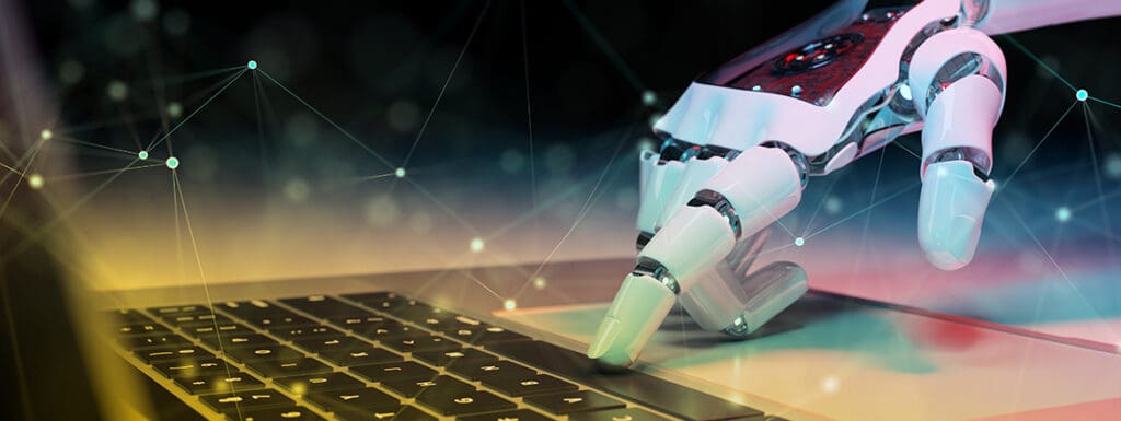 Featured image for article titled "The Importance of AI in the Current Digital Landscape" showing a robot's finger pressing a button on a laptop.